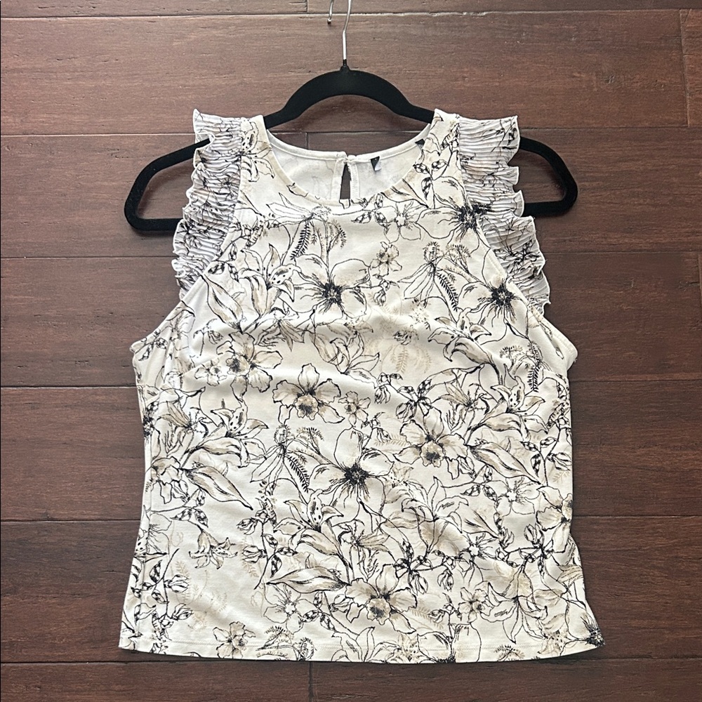 Women's Cream Floral Ruffle Sleeve Tank Top